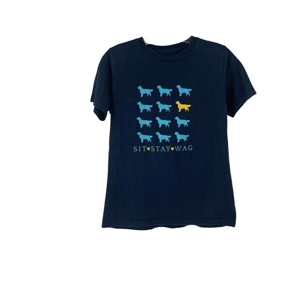On Island Tops - Sanibel Island T-Shirt Dog Sit Stay Wag On Island Navy Blue Short Sleeve Size XS